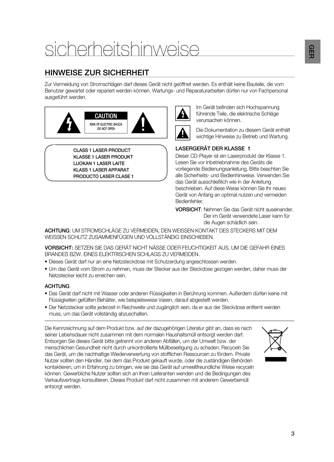 Samsung HT-XA100T/XEU, HT-XA100T/XEF manual Sicherheitshinweise, Hinweise zur Sicherheit, Lasergerät DER Klasse, Achtung 