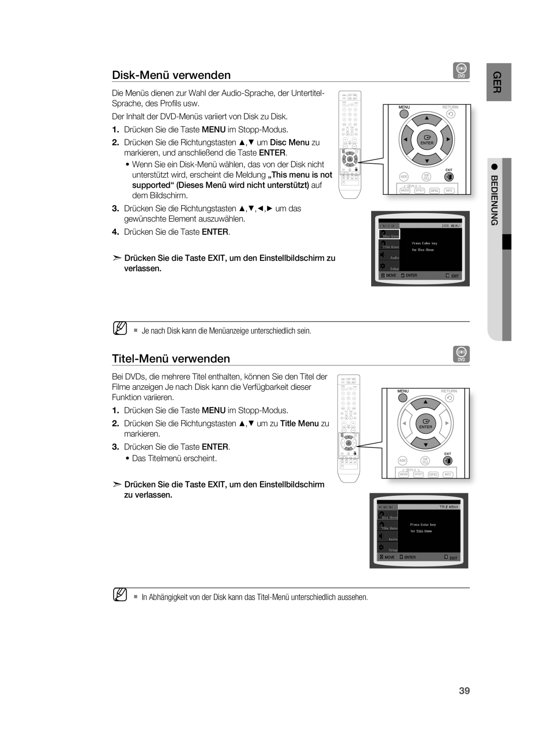 Samsung HT-XA100T/XEU Disk-Menü verwenden, Titel-Menü verwenden, ` Je nach Disk kann die Menüanzeige unterschiedlich sein 