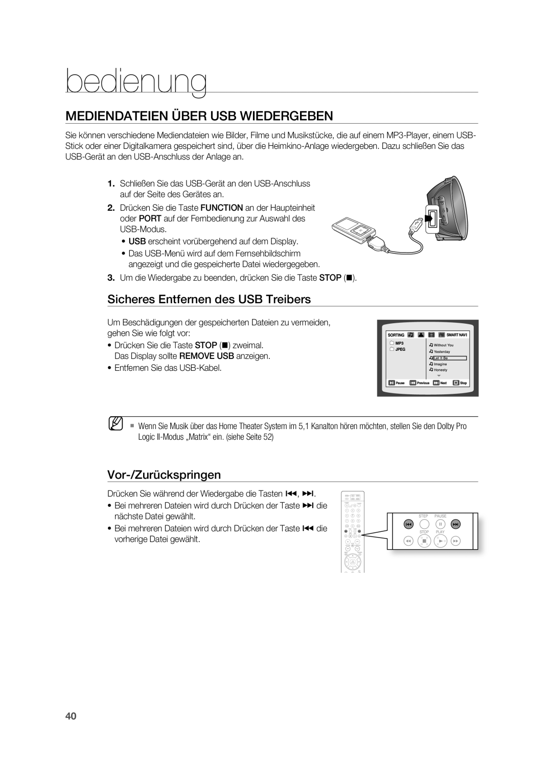 Samsung HT-XA100T/EDC, HT-XA100T/XEF, HT-XA100T/XEU Mediendateien üBER USB Wiedergeben, Sicheres Entfernen des USB Treibers 