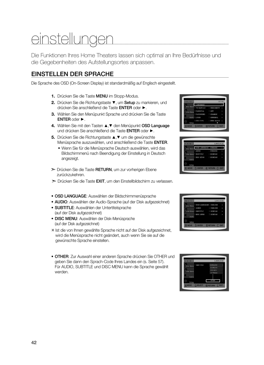 Samsung HT-XA100T/XEU, HT-XA100T/XEF, HT-XA100T/EDC manual Einstellungen, Einstellen der Sprache 