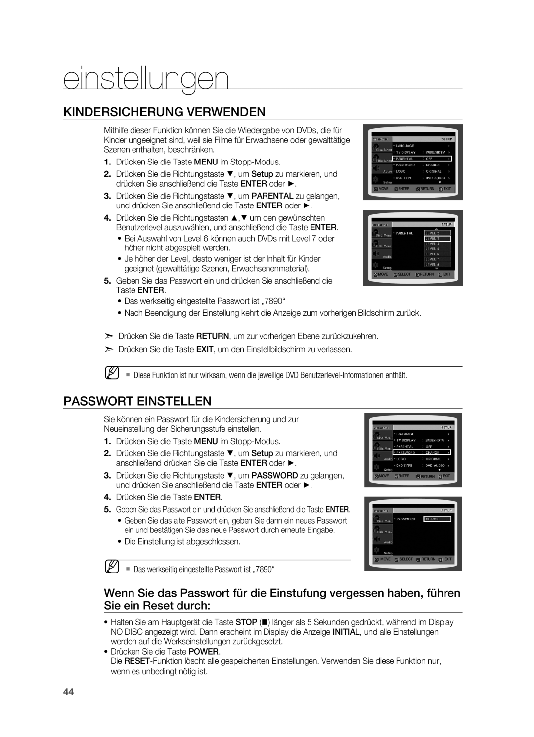 Samsung HT-XA100T/XEF, HT-XA100T/XEU, HT-XA100T/EDC manual Kindersicherung verwenden, Passwort einstellen 