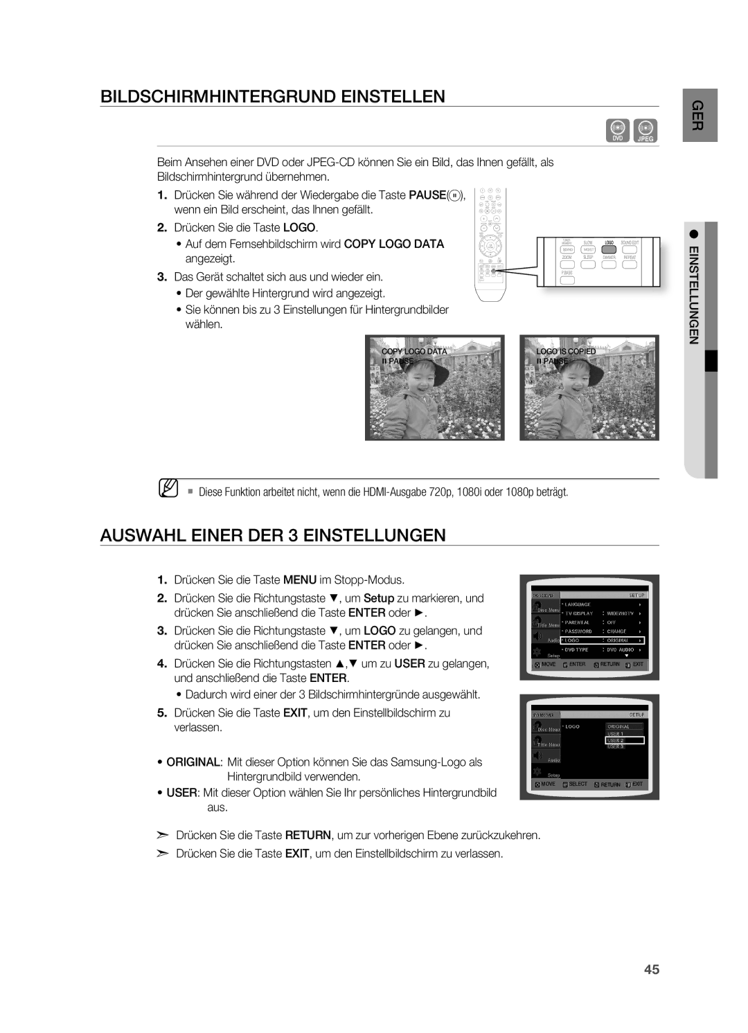 Samsung HT-XA100T/XEU, HT-XA100T/XEF, HT-XA100T/EDC Bildschirmhintergrund Einstellen, Auswahl Einer DER 3 Einstellungen 