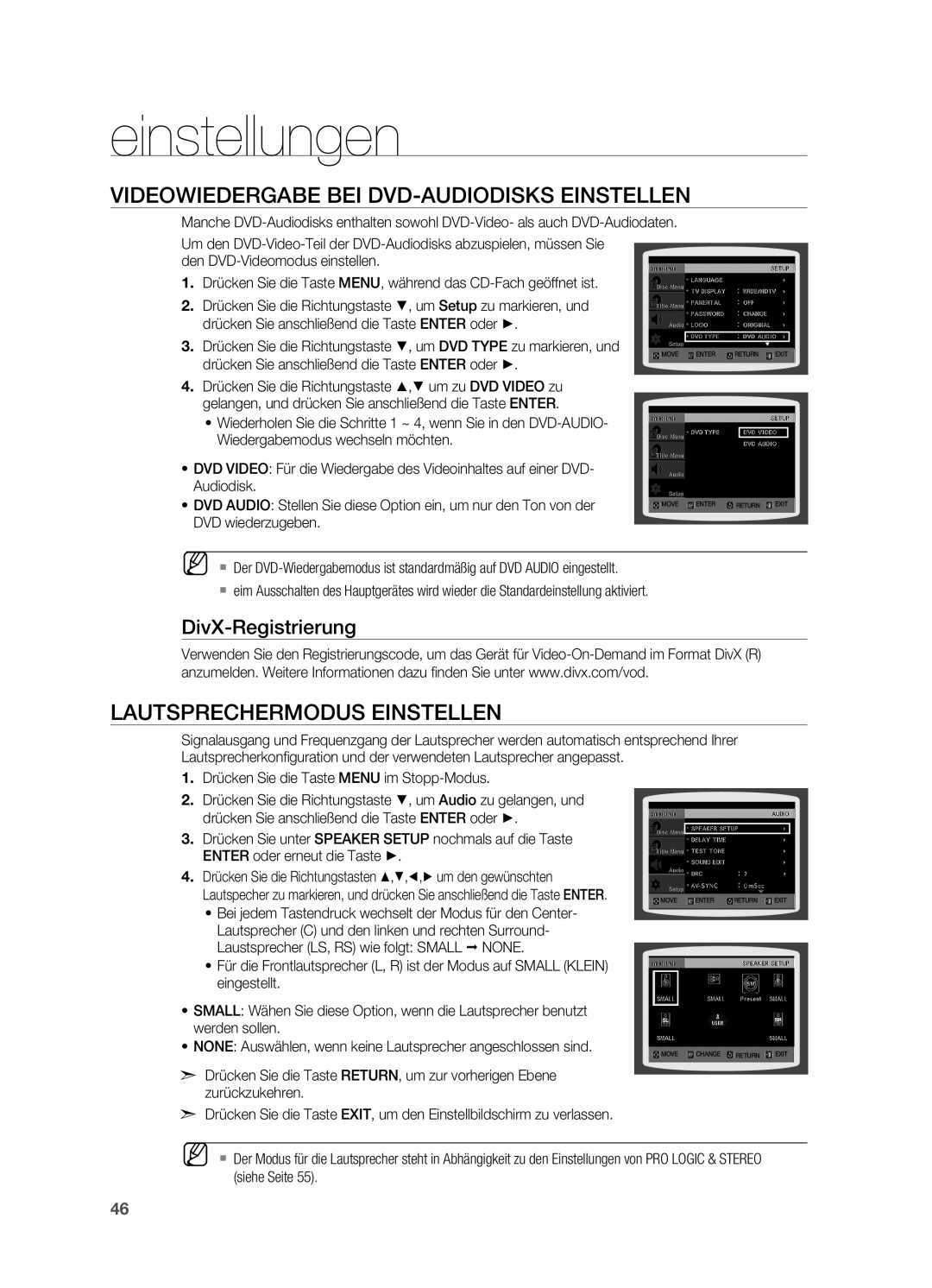 Samsung HT-XA100T/EDC Videowiedergabe bei DVD-Audiodisks einstellen, Lautsprechermodus einstellen, DivX-Registrierung 