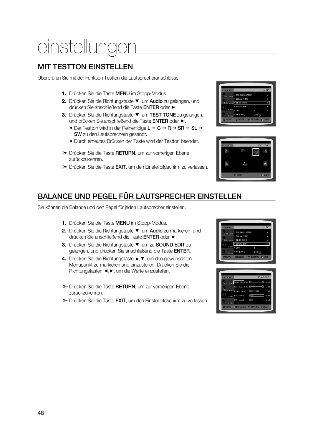 Samsung HT-XA100T/XEU, HT-XA100T/XEF, HT-XA100T/EDC Mit Testton einstellen, Balance und Pegel für Lautsprecher einstellen 