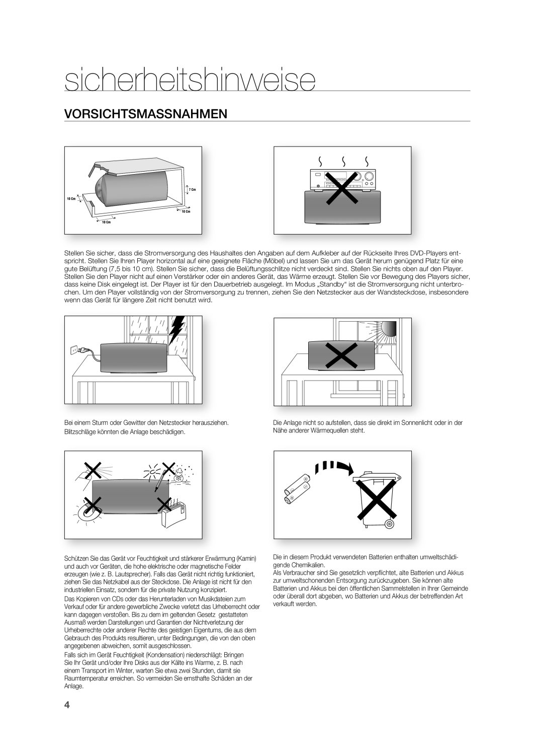 Samsung HT-XA100T/EDC, HT-XA100T/XEF, HT-XA100T/XEU manual Vorsichtsmassnahmen 