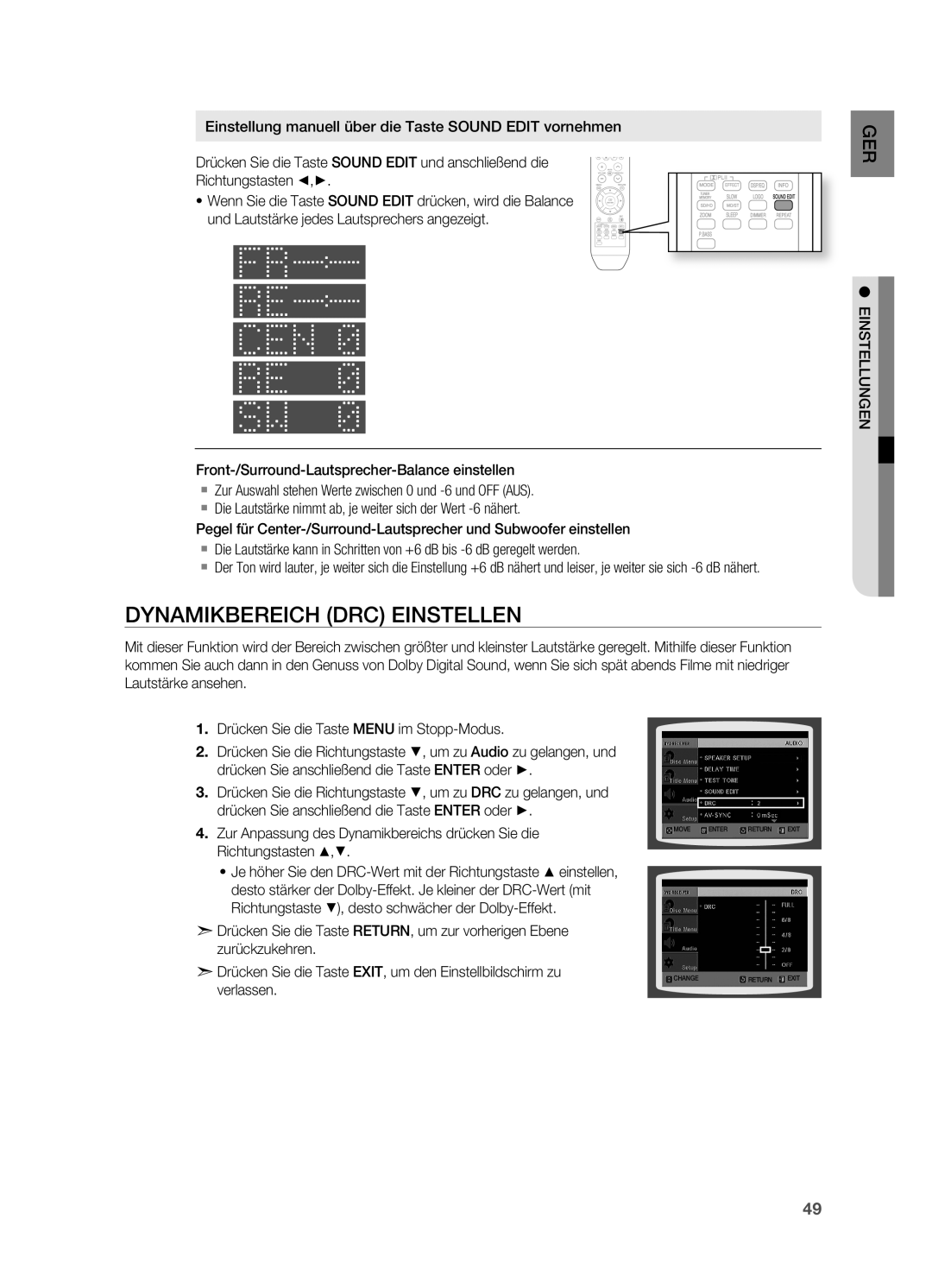 Samsung HT-XA100T/EDC, HT-XA100T/XEF, HT-XA100T/XEU manual Dynamikbereich DRC Einstellen 