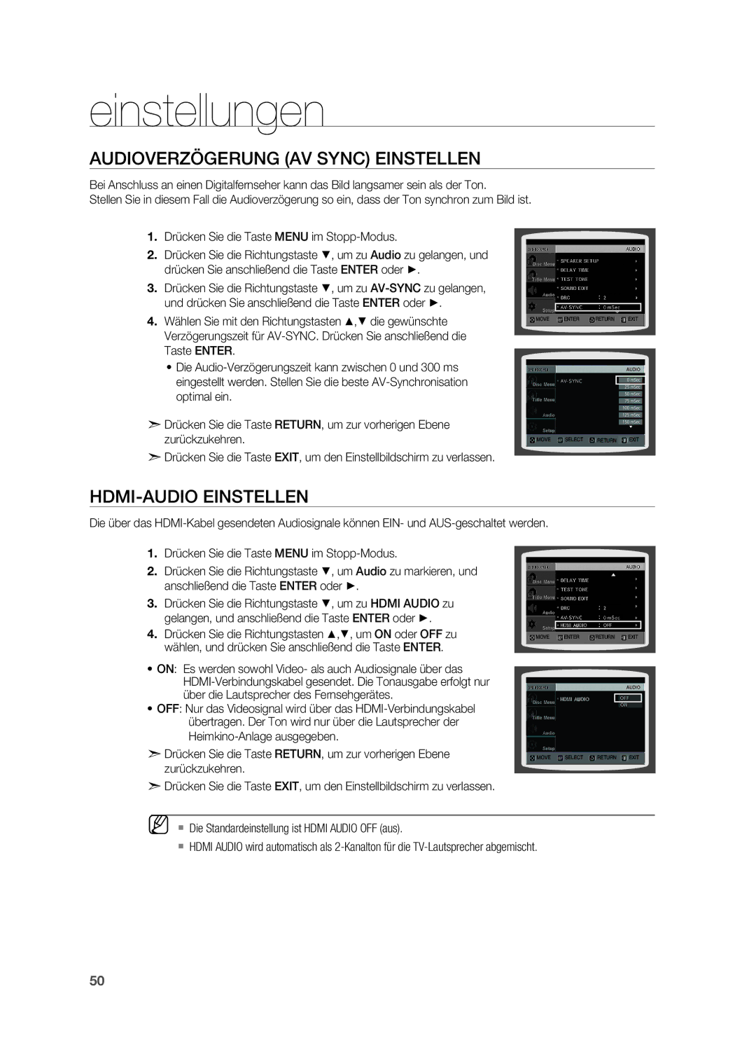 Samsung HT-XA100T/XEF, HT-XA100T/XEU, HT-XA100T/EDC manual Audioverzögerung AV Sync einstellen, HDMI-Audio einstellen 