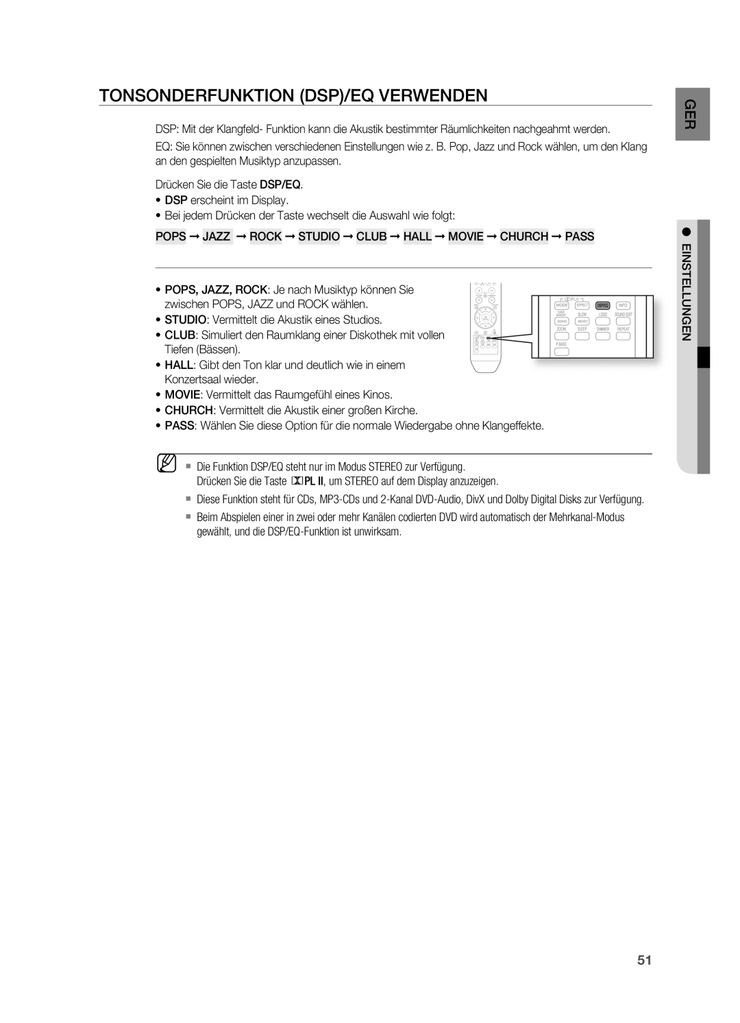 Samsung HT-XA100T/XEU Tonsonderfunktion DSP/EQ Verwenden, Pops Jazz Rock Studio Club Hall Movie Church Pass, Einstellungen 