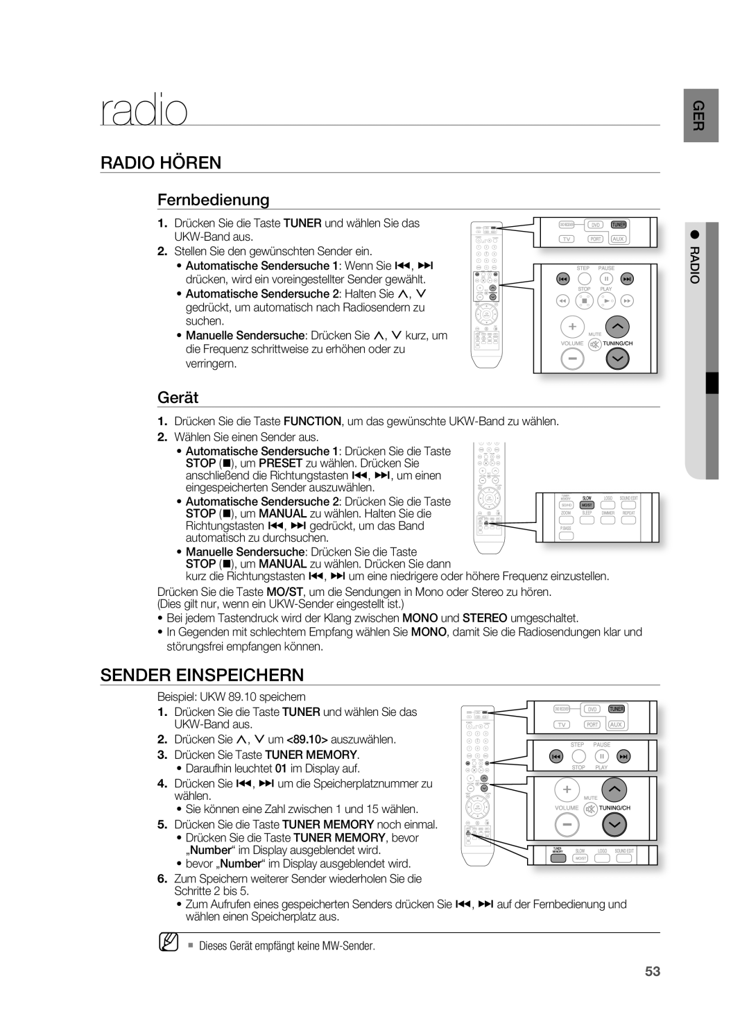 Samsung HT-XA100T/XEF, HT-XA100T/XEU, HT-XA100T/EDC manual Radio HöREN, Sender Einspeichern, Fernbedienung, Gerät 