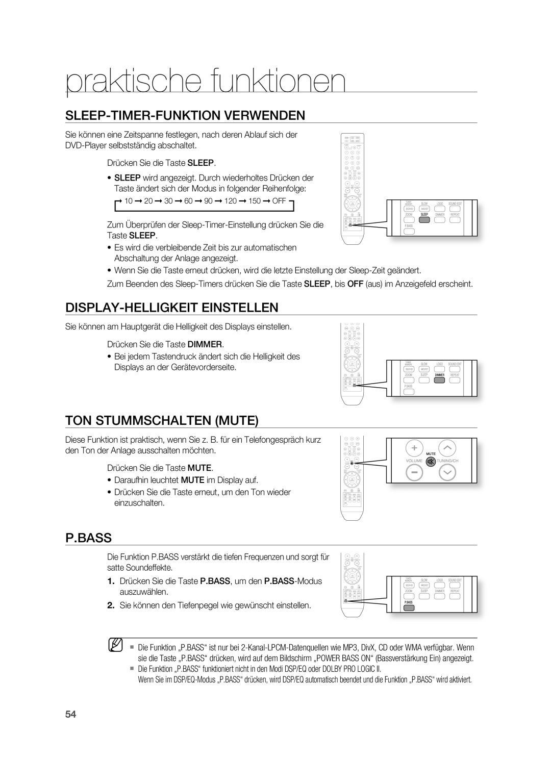 Samsung HT-XA100T/XEU manual Praktische funktionen, SLEEP-TIMER-FUNKTION Verwenden, DISPLAY-HELLIGKEIT Einstellen, Bass 