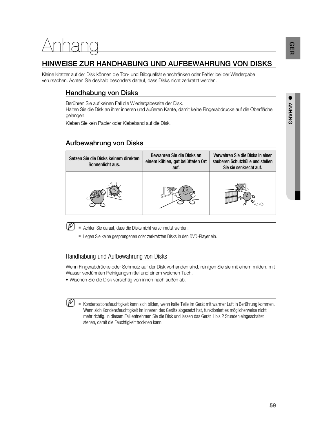 Samsung HT-XA100T/XEF, HT-XA100T/XEU manual Hinweise zur Handhabung und Aufbewahrung von Disks, Handhabung von Disks, Anhang 