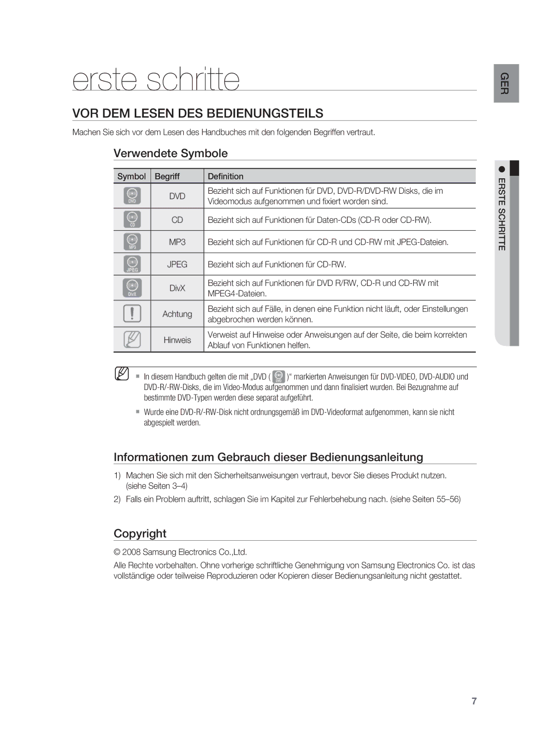 Samsung HT-XA100T/EDC, HT-XA100T/XEF manual Erste schritte, Vor dem Lesen des Bedienungsteils, Verwendete Symbole, Copyright 