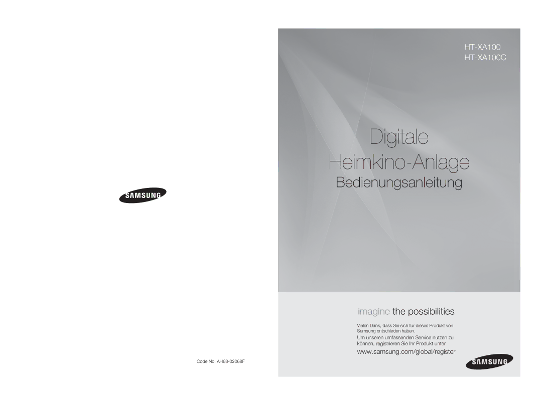 Samsung HT-XA100T/XEU, HT-XA100T/XEF, HT-XA100T/EDC manual Digitale Heimkino-Anlage, Code No. AH68-02068F 