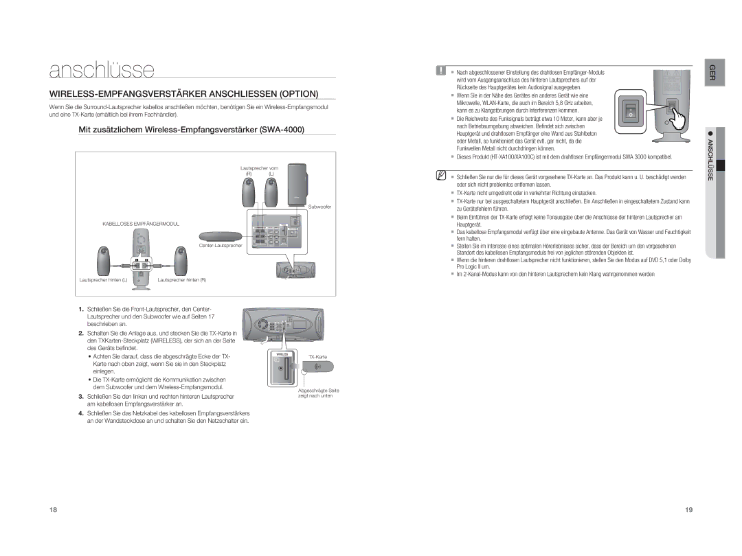 Samsung HT-XA100T/XEU, HT-XA100T/XEF, HT-XA100T/EDC manual WIRELESS-EMPFANGSVERSTÄRKER Anschliessen Option 