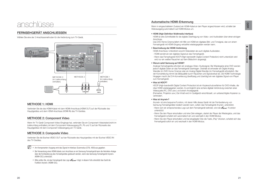 Samsung HT-XA100T/EDC, HT-XA100T/XEF manual Fernsehgerät Anschliessen, Methode 2 Component Video, Methode 3 Composite Video 