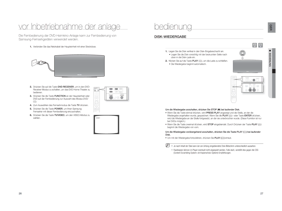 Samsung HT-XA100T/EDC, HT-XA100T/XEF, HT-XA100T/XEU manual Vor Inbetriebnahme der anlage, Bedienung, Disk-Wiedergabe 