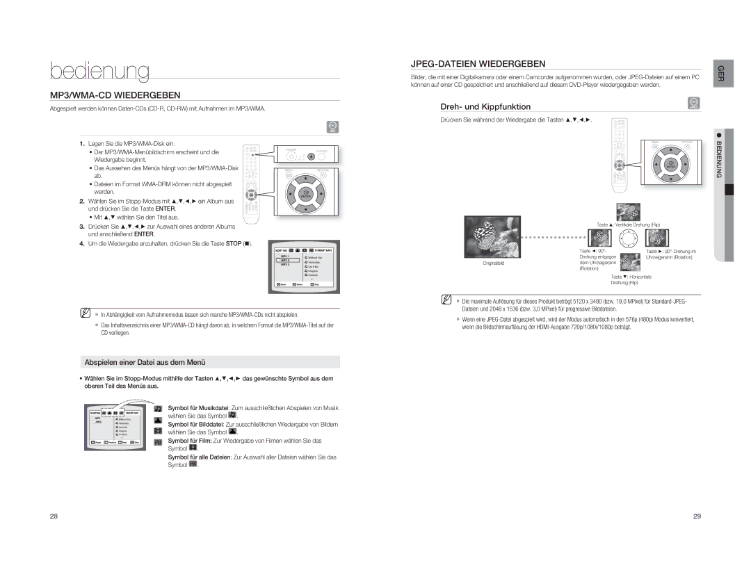 Samsung HT-XA100T/XEF, HT-XA100T/XEU MP3/WMA-CD Wiedergeben, JPEG-DATEIEN Wiedergeben, Dreh- und Kippfunktion, Bedienung 