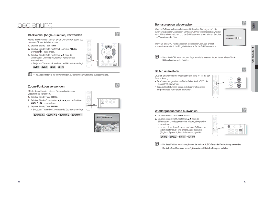 Samsung HT-XA100T/XEU manual Blickwinkel Angle-Funktion verwenden, Zoom-Funktion verwenden, Bonusgruppen wiedergeben 