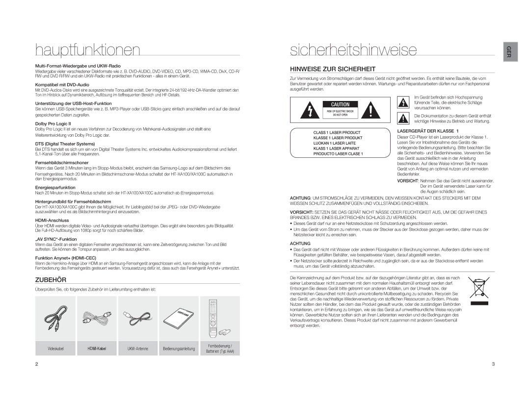 Samsung HT-XA100T/EDC, HT-XA100T/XEF, HT-XA100T/XEU Hauptfunktionen, Sicherheitshinweise, Hinweise ZUR Sicherheit, Zubehör 