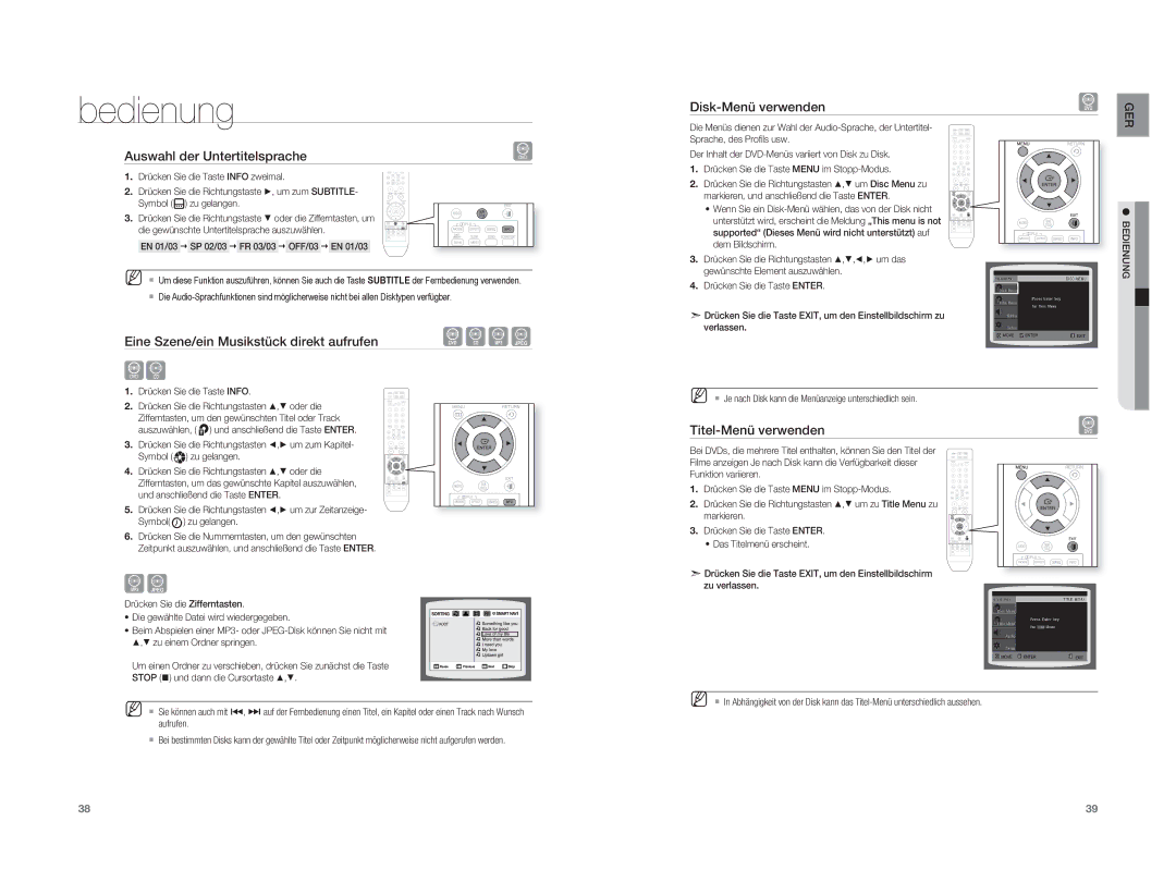 Samsung HT-XA100T/EDC manual Auswahl der Untertitelsprache, Eine Szene/ein Musikstück direkt aufrufen, Disk-Menü verwenden 