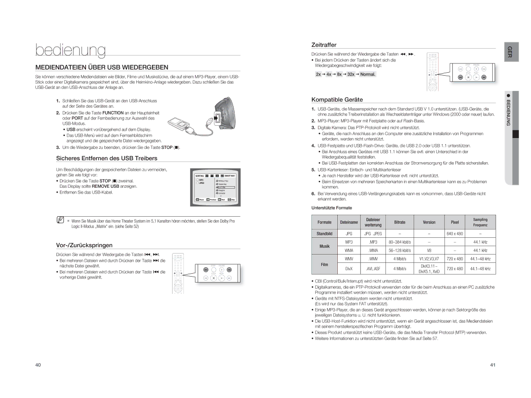 Samsung HT-XA100T/XEF manual Mediendateien Über USB Wiedergeben, Sicheres Entfernen des USB Treibers, Kompatible Geräte 