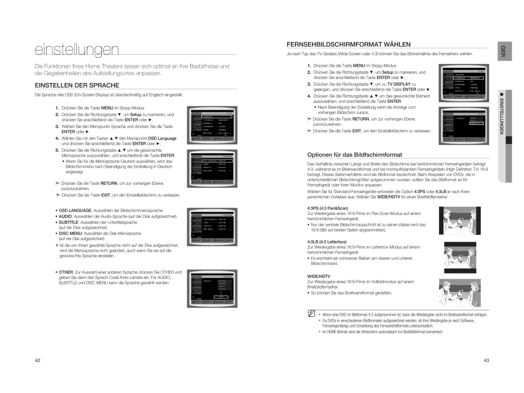 Samsung HT-XA100T/XEU, HT-XA100T/XEF manual Einstellungen, Einstellen DER Sprache Fernsehbildschirmformat Wählen, Wide/Hdtv 