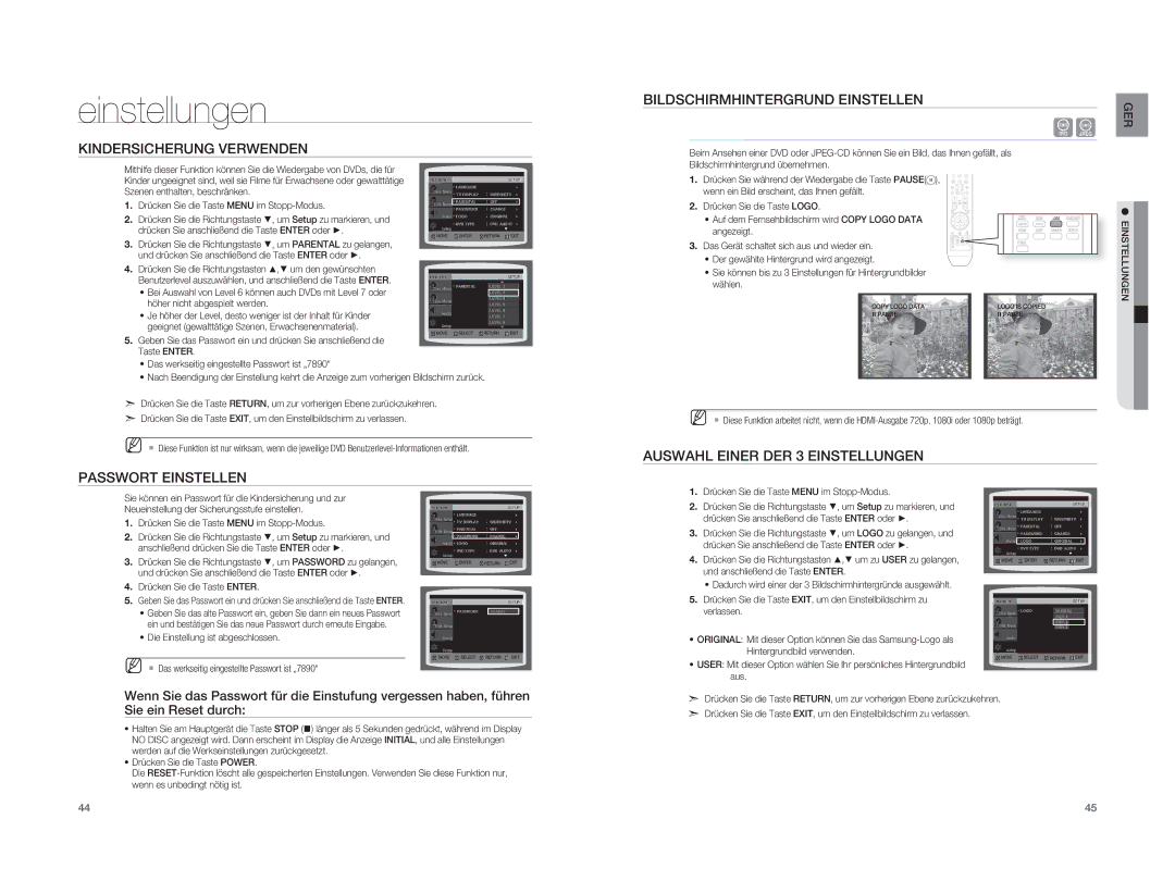 Samsung HT-XA100T/EDC manual Kindersicherung Verwenden, Passwort Einstellen Bildschirmhintergrund Einstellen, Wählen 