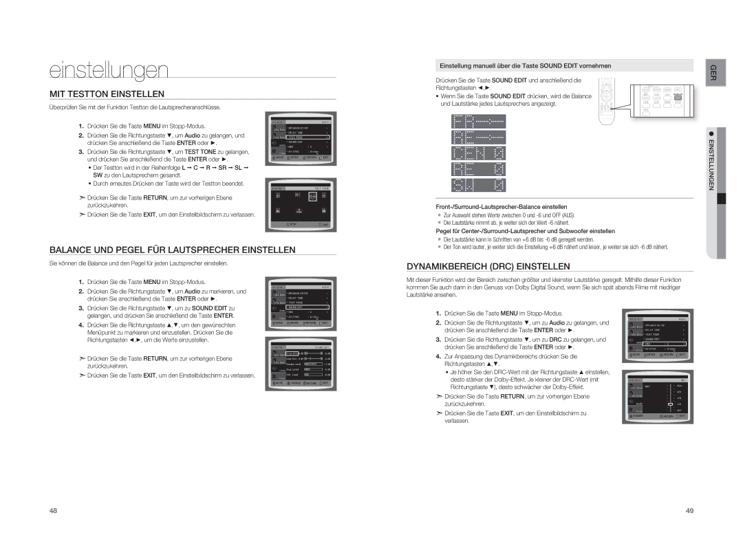 Samsung HT-XA100T/XEU MIT Testton Einstellen, Balance UND Pegel FÜR Lautsprecher Einstellen, Dynamikbereich DRC Einstellen 