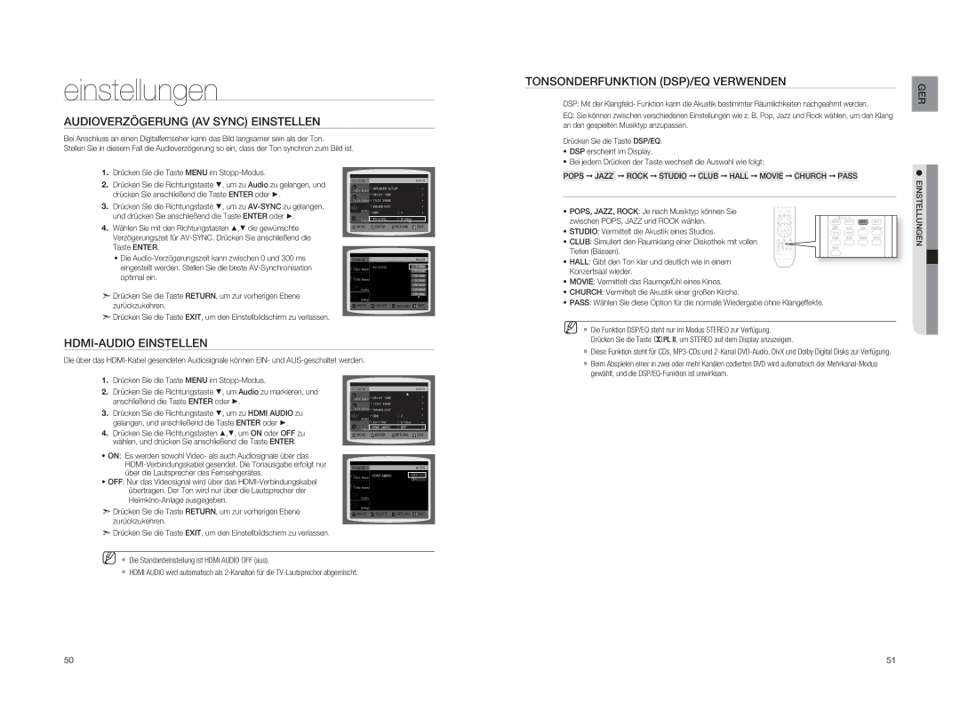 Samsung HT-XA100T/EDC manual Audioverzögerung AV Sync Einstellen, HDMI-AUDIO Einstellen, Tonsonderfunktion DSP/EQ Verwenden 