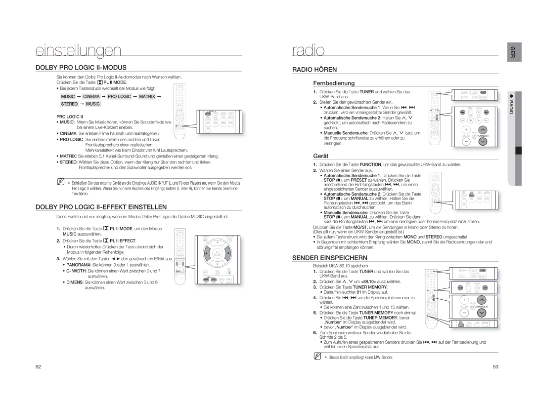 Samsung HT-XA100T/XEF Dolby PRO Logic II-MODUS, Dolby PRO Logic II-EFFEKT Einstellen, Radio Hören, Sender Einspeichern 