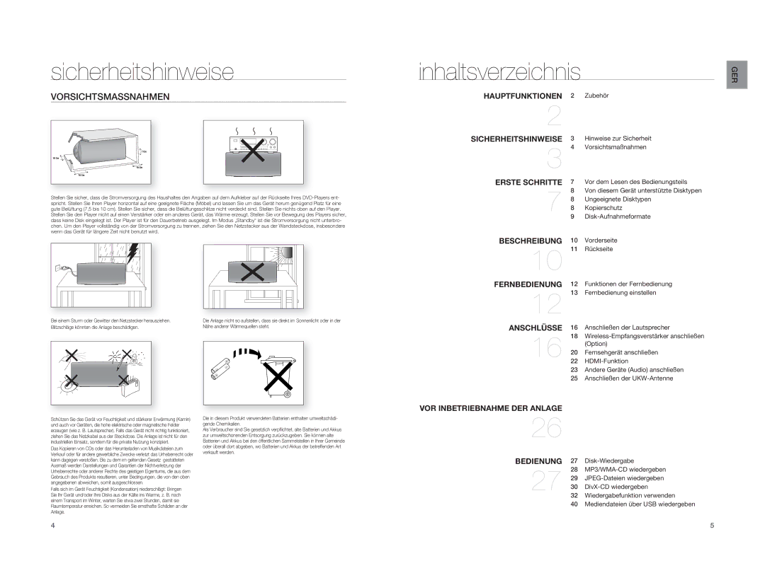 Samsung HT-XA100T/XEF, HT-XA100T/XEU, HT-XA100T/EDC manual Inhaltsverzeichnis, Vorsichtsmassnahmen 