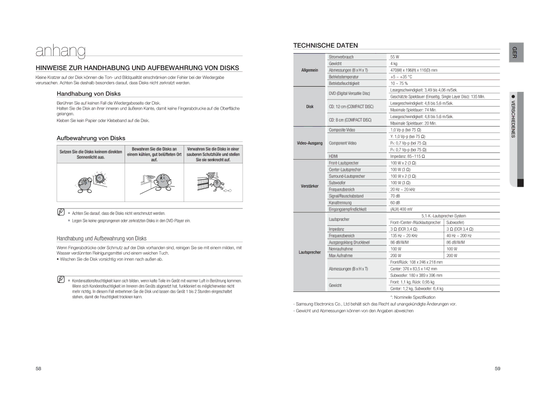 Samsung HT-XA100T/XEF, HT-XA100T/XEU manual Anhang, Hinweise ZUR Handhabung UND Aufbewahrung VON Disks, Technische Daten 