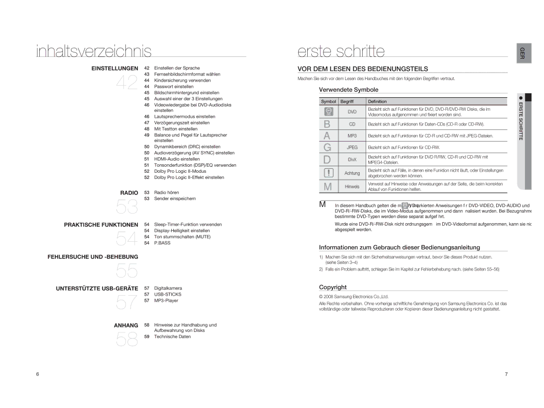 Samsung HT-XA100T/XEU, HT-XA100T/XEF manual Erste schritte, VOR DEM Lesen DES Bedienungsteils, Verwendete Symbole, Copyright 