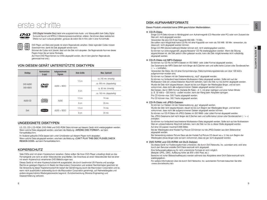 Samsung HT-XA100T/EDC VON Diesem Gerät Unterstützte Disktypen, Ungeeignete Disktypen, Kopierschutz, Disk-Aufnahmeformate 