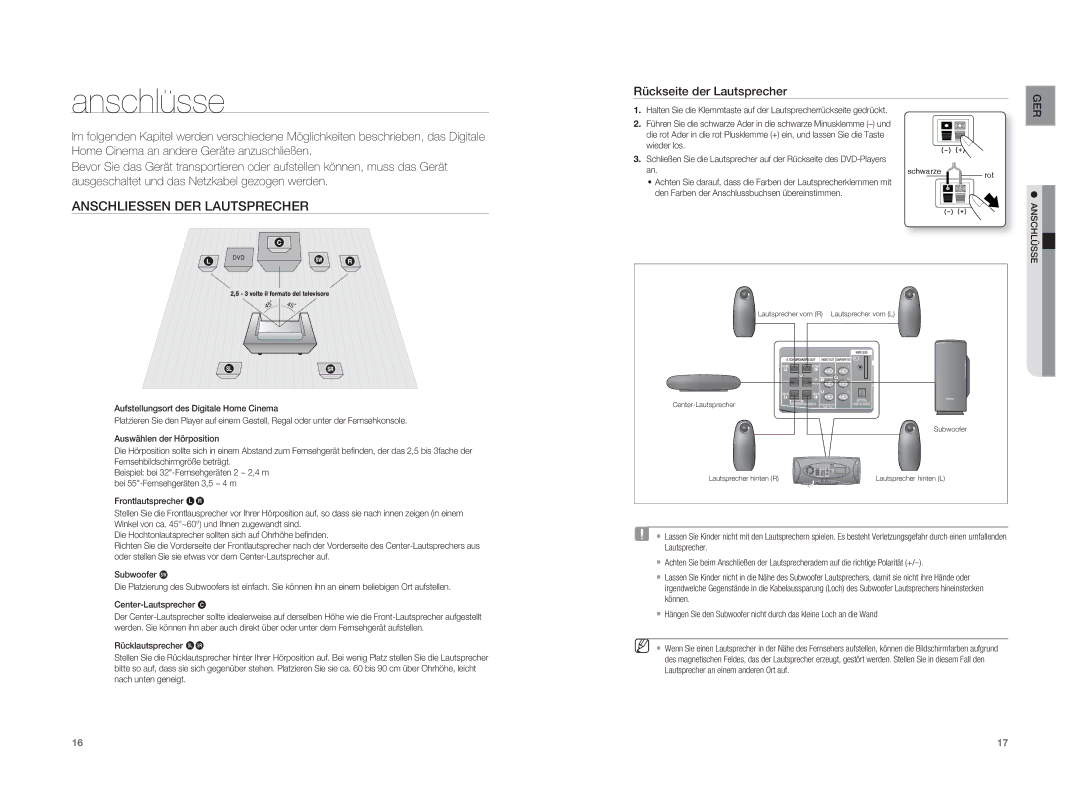 Samsung HT-XA100T/XEF, HT-XA100T/XEU, HT-XA100T/EDC manual Anschlüsse, Anschliessen DER Lautsprecher 