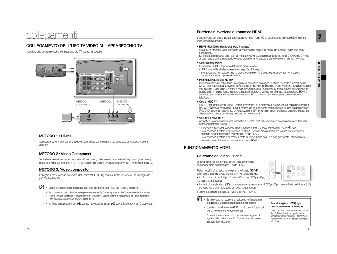 Samsung HT-XA100T/XET manual Collegamento Delluscita Video Allapparecchio TV, Funzionamento Hdmi 