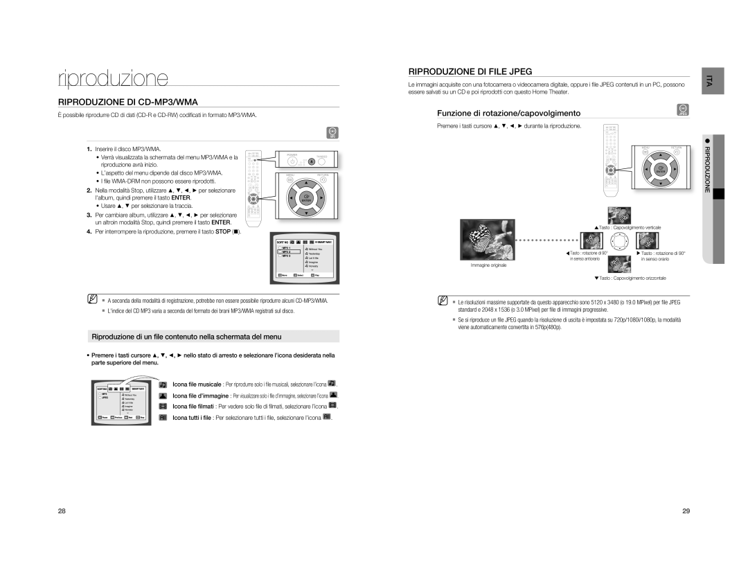 Samsung HT-XA100T/XET manual Riproduzione DI CD-MP3/WMA, Riproduzione DI File Jpeg, Funzione di rotazione/capovolgimento 