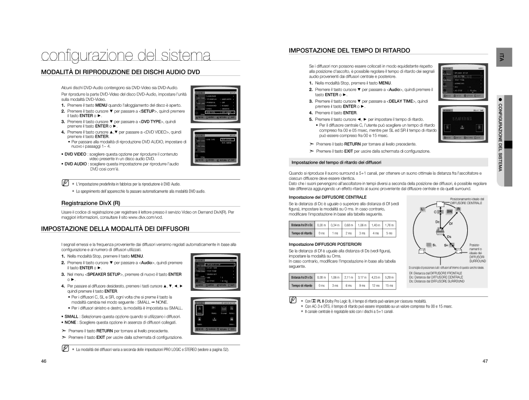 Samsung HT-XA100T/XET manual Impostazione Della Modalità DEI Diffusori, Registrazione DivX R, Configurazione, Sistema 