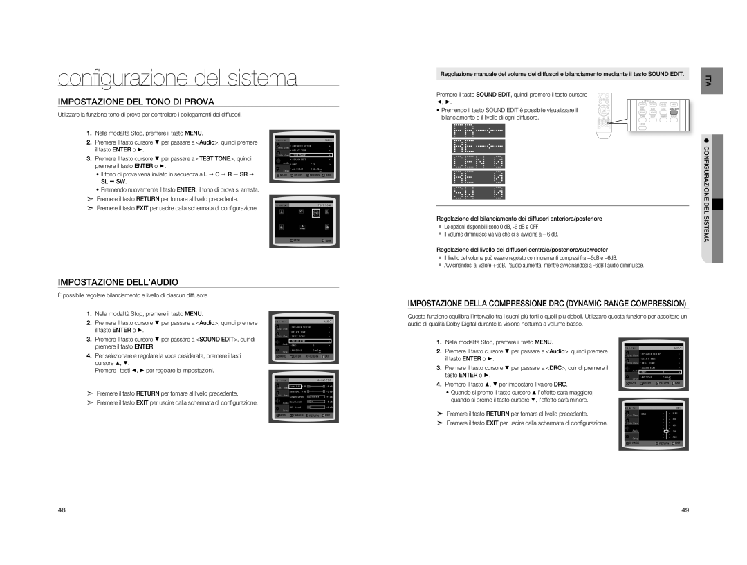 Samsung HT-XA100T/XET manual Impostazione DEL Tono DI Prova, Impostazione DELL’AUDIO 