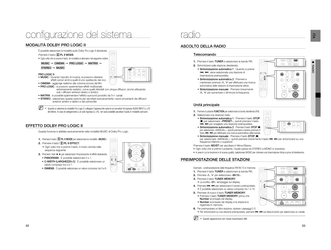 Samsung HT-XA100T/XET manual Modalità Dolby PRO Logic, Effetto Dolby PRO Logic, Ascolto Della Radio 