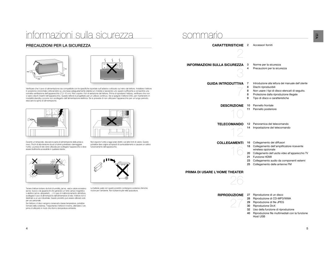 Samsung HT-XA100T/XET manual Sommario, Precauzioni PER LA Sicurezza 