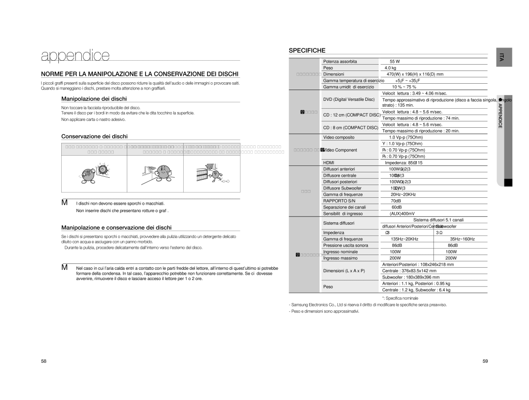 Samsung HT-XA100T/XET manual Appendice, Norme PER LA Manipolazione E LA Conservazione DEI Dischi, Specifiche 