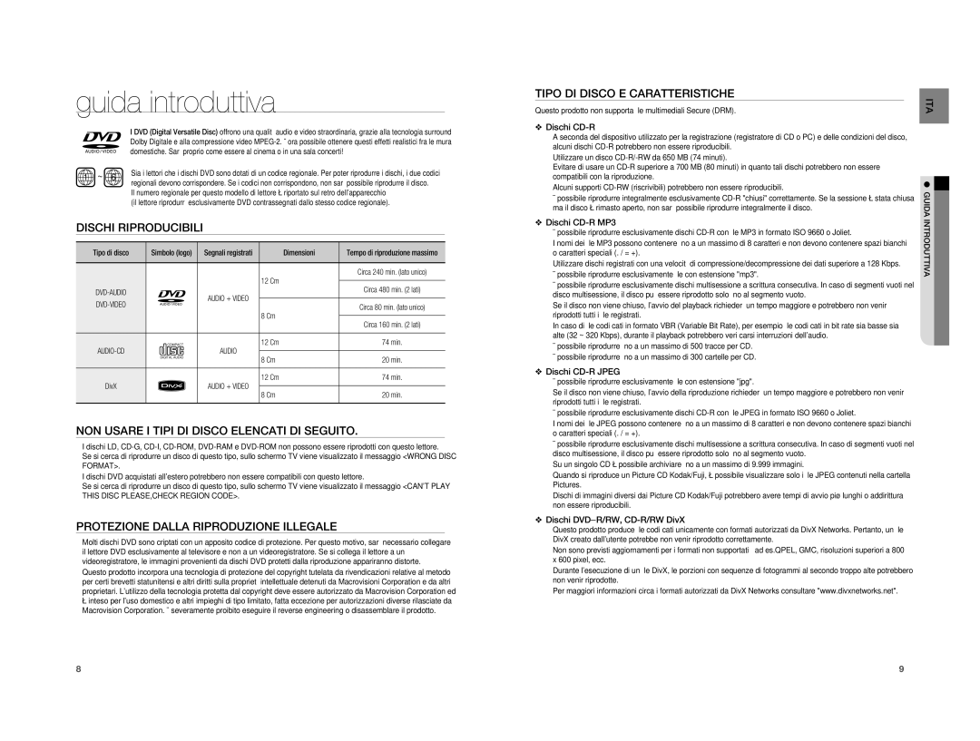 Samsung HT-XA100T/XET Dischi Riproducibili, NON Usare I Tipi DI Disco Elencati DI Seguito, Tipo DI Disco E Caratteristiche 