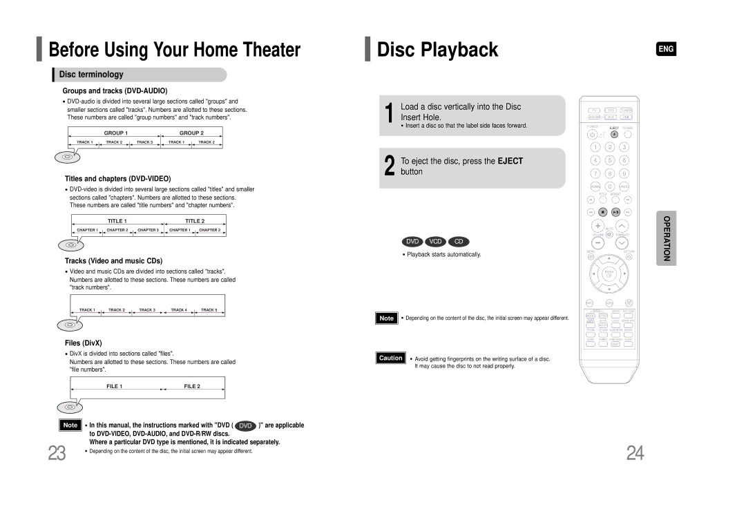 Samsung HT-XQ100 instruction manual Disc Playback, Disc terminology, Load a disc vertically into the Disc Insert Hole 