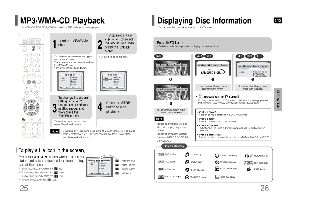 Samsung HT-XQ100 instruction manual MP3/WMA-CD Playback 