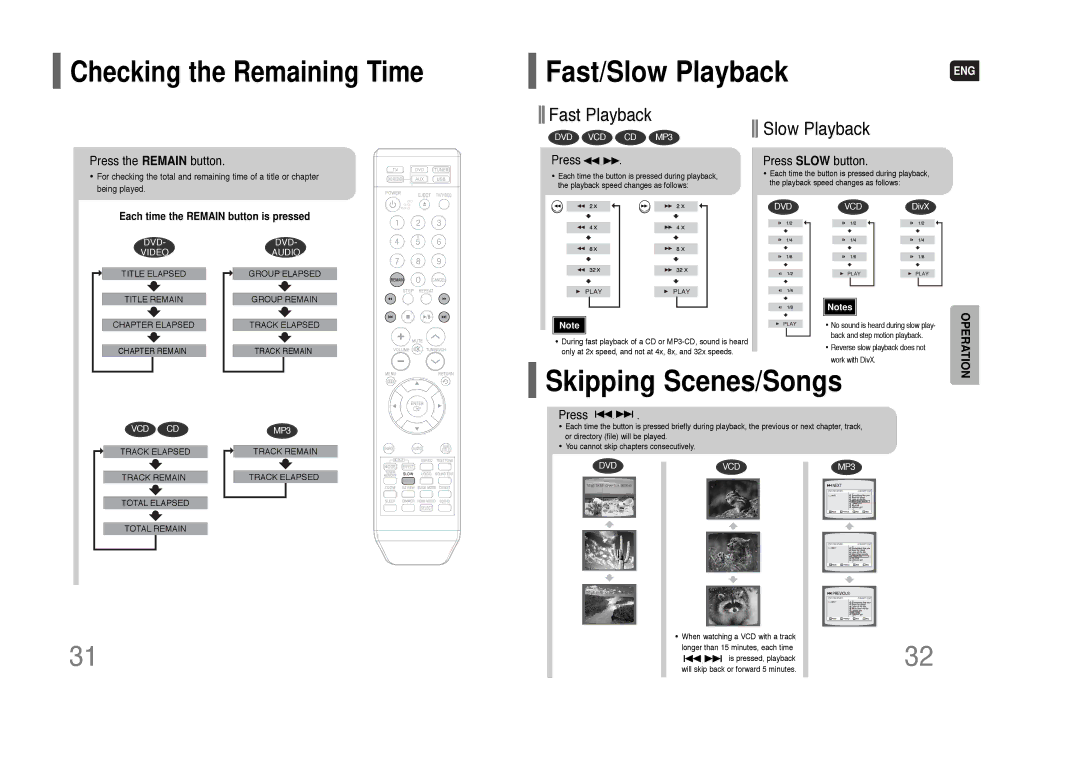 Samsung HT-XQ100 instruction manual Fast/Slow Playback, Skipping Scenes/Songs, Checking the Remaining Time 