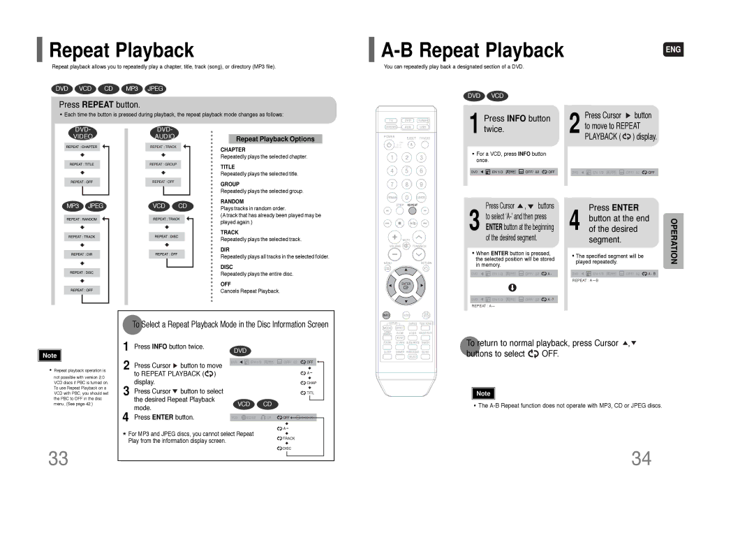 Samsung HT-XQ100 Repeat Playback, Press Repeat button, Twice, Press Enter Button at the end of the desired segment 