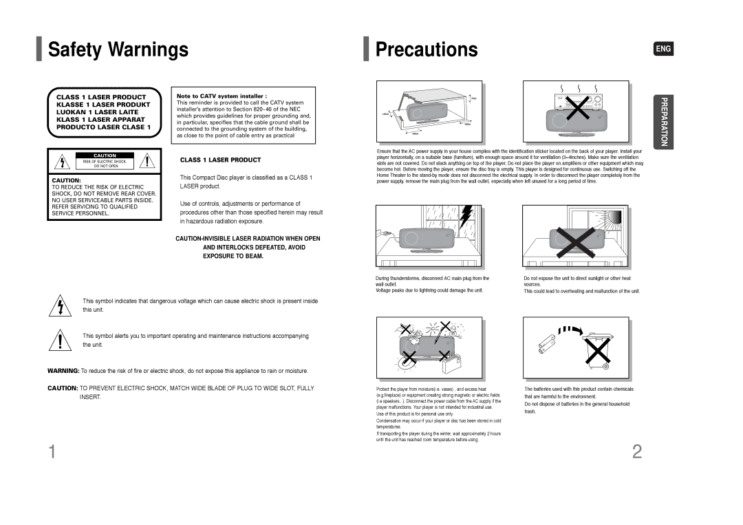 Samsung HT-XQ100 instruction manual Safety Warnings PrecautionsENG, Class 1 Laser Product 