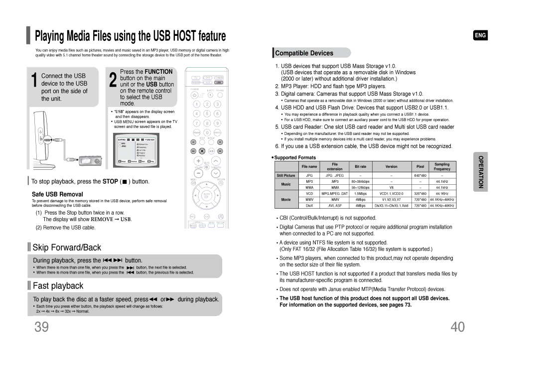 Samsung HT-XQ100 instruction manual To stop playback, press the Stop button, Safe USB Removal 