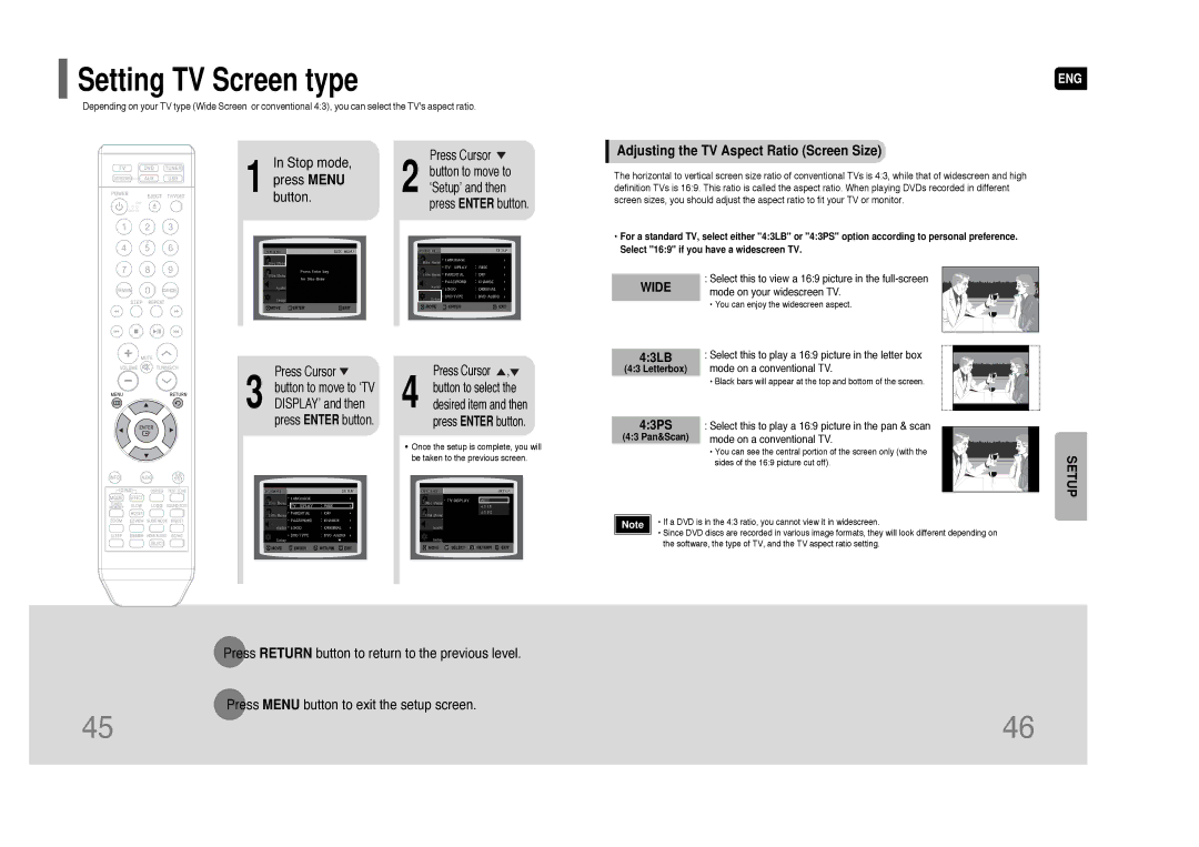 Samsung HT-XQ100 instruction manual Setting TV Screen type, Adjusting the TV Aspect Ratio Screen Size 